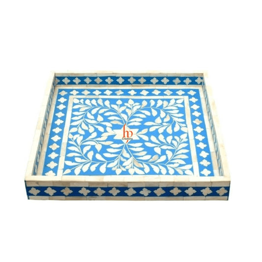 Bone Inlay Handmade Blue Floral Wooden Modern Art Decorative Serving Tray