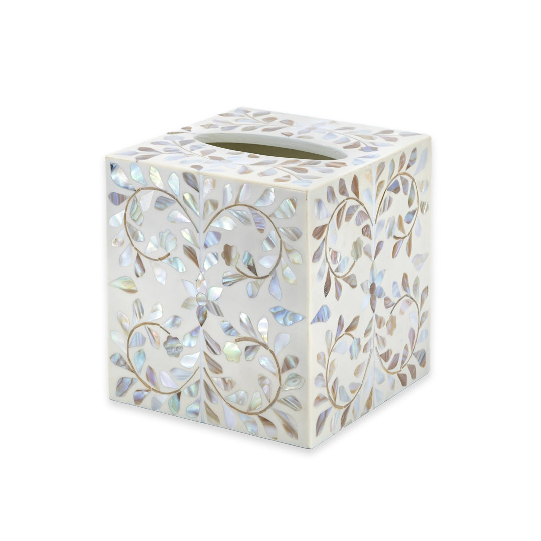 Mother Of Pearl Tissue Box In White Floral Pattern