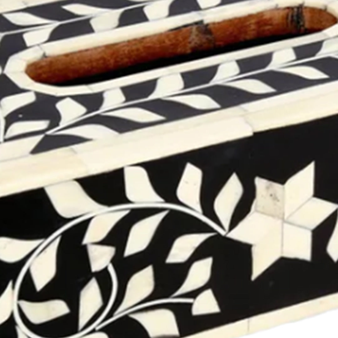 Bone Inlay tissue box in Black floral pattern