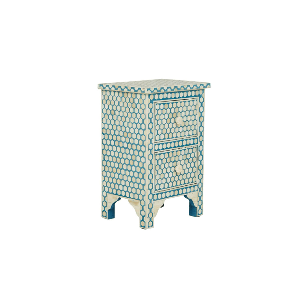 Personalized Bone Inlay Hexagon Design Blue Bedside Table with Two Drawers