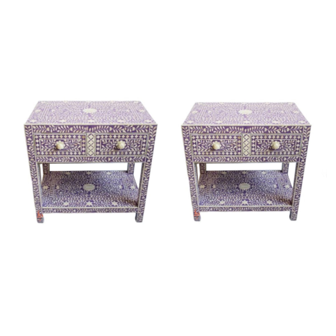 Personalized Bone Inlay Beautiful Bedside Table 2 Drawer Shelf Beautifully Crafted Floral Design