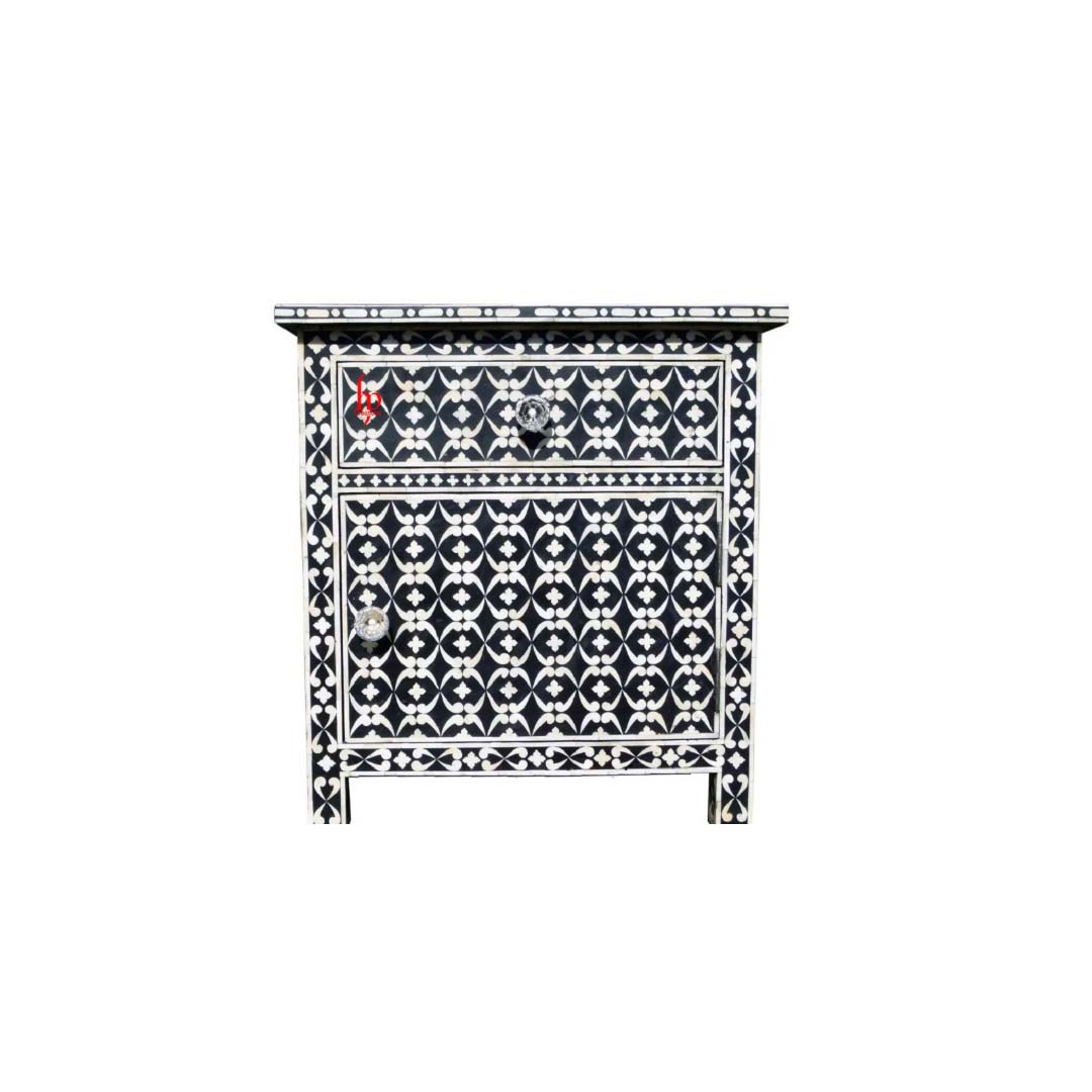 Bone Inlay Bedside Stand/ Night Stand 1 Drawer 1 Door Side Cabinet badrun Design Black