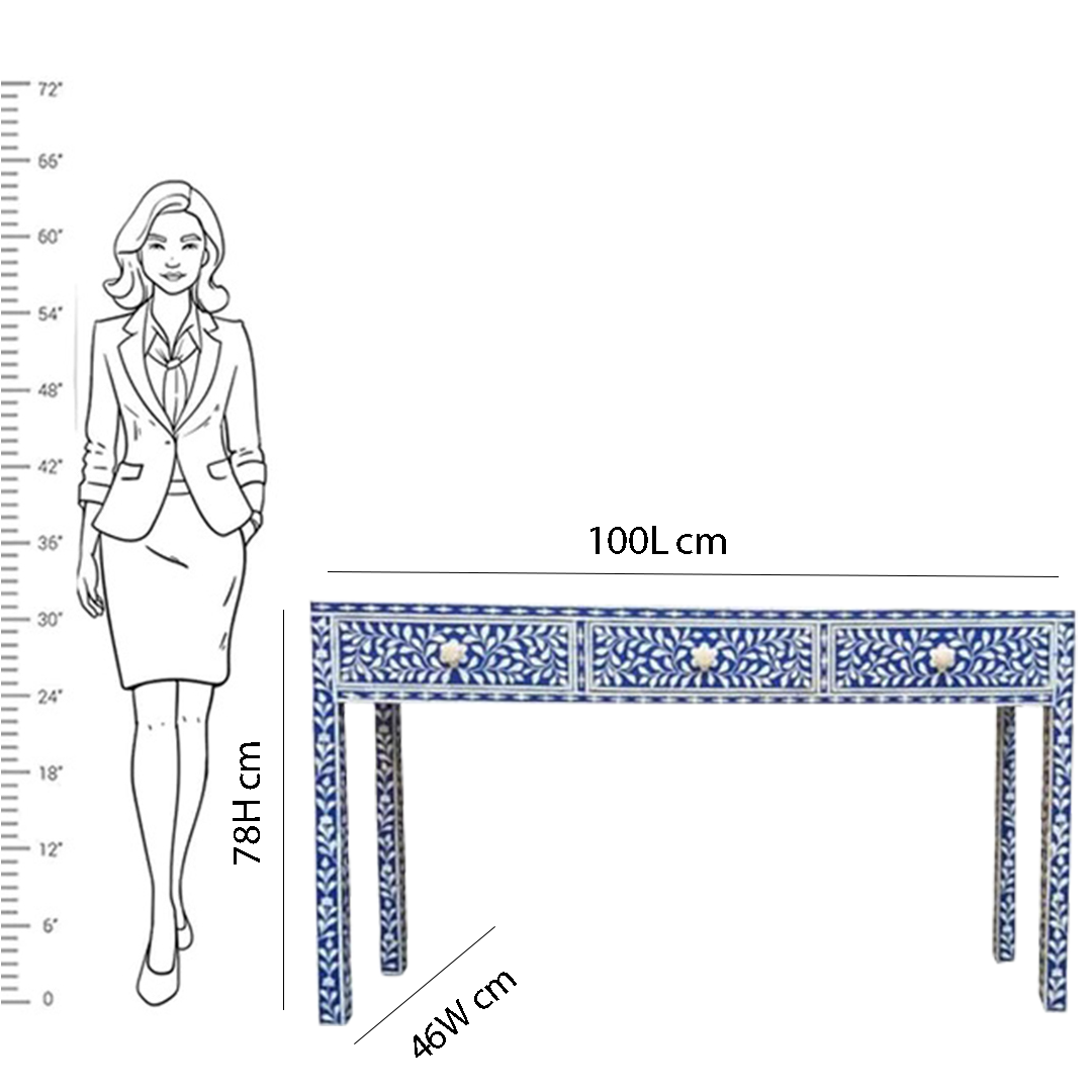 Handmade Customized Bone Inlay Floral Pattern 3 Drawer Console Table