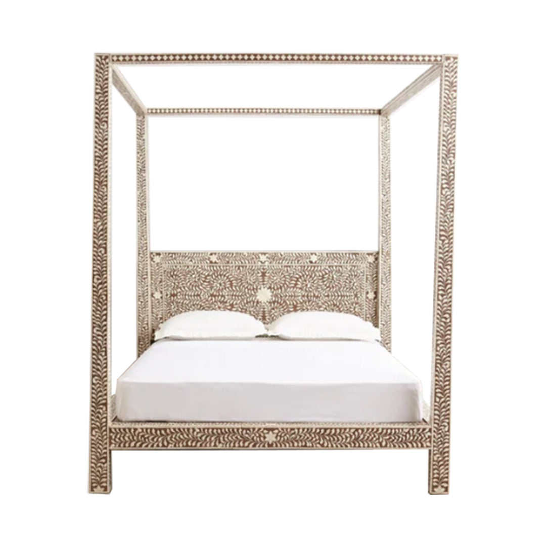 Handmade Bone Inlay King Size  Bed Frame with Headboard and pillars for Bedroom Decor