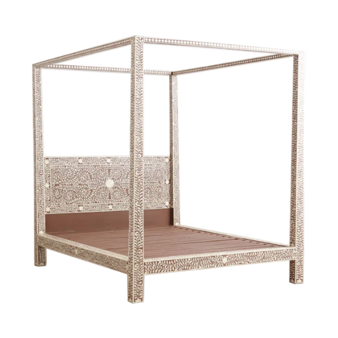 Handmade Bone Inlay King Size  Bed Frame with Headboard and pillars for Bedroom Decor