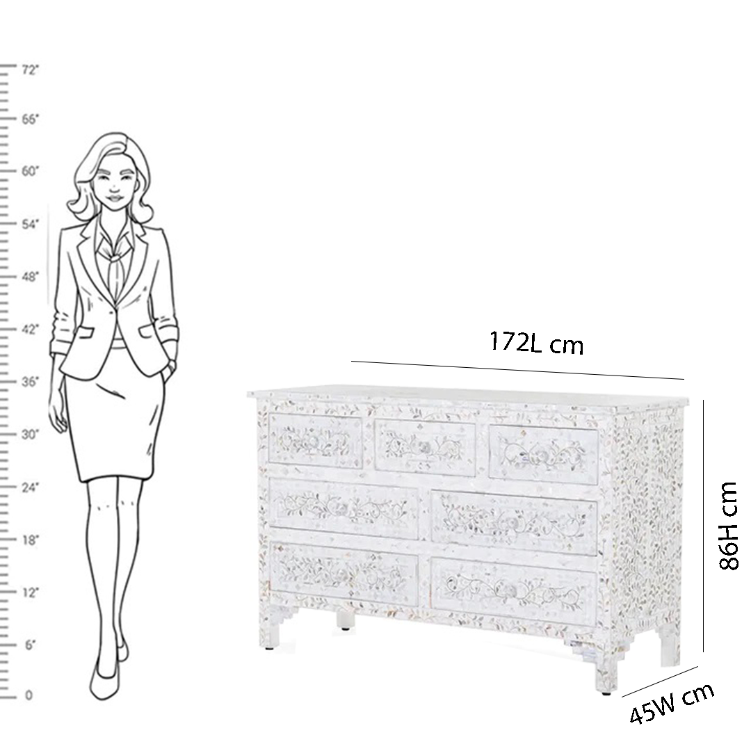 Mother of pearl inlay floral design 7 drawer White dresser
