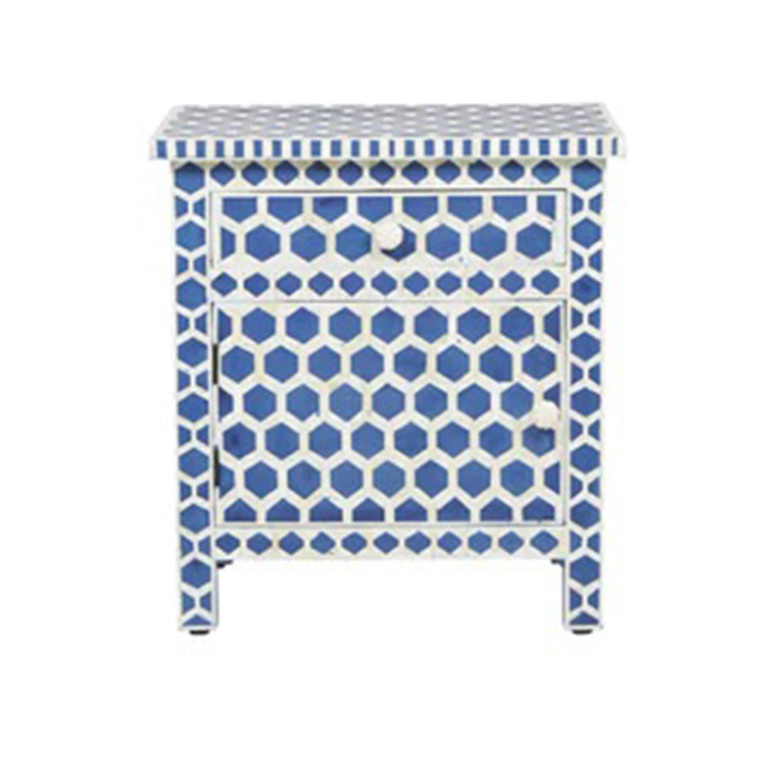 Handmade Bedside of Bone Inlay in Honeycomb Design, Table with One Drawer and One Door