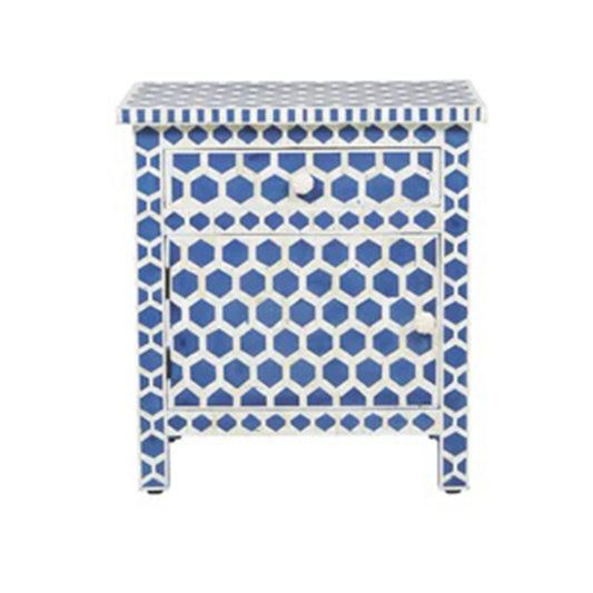 Handmade Bedside of Bone Inlay in Honeycomb Design, Table with One Drawer and One Door