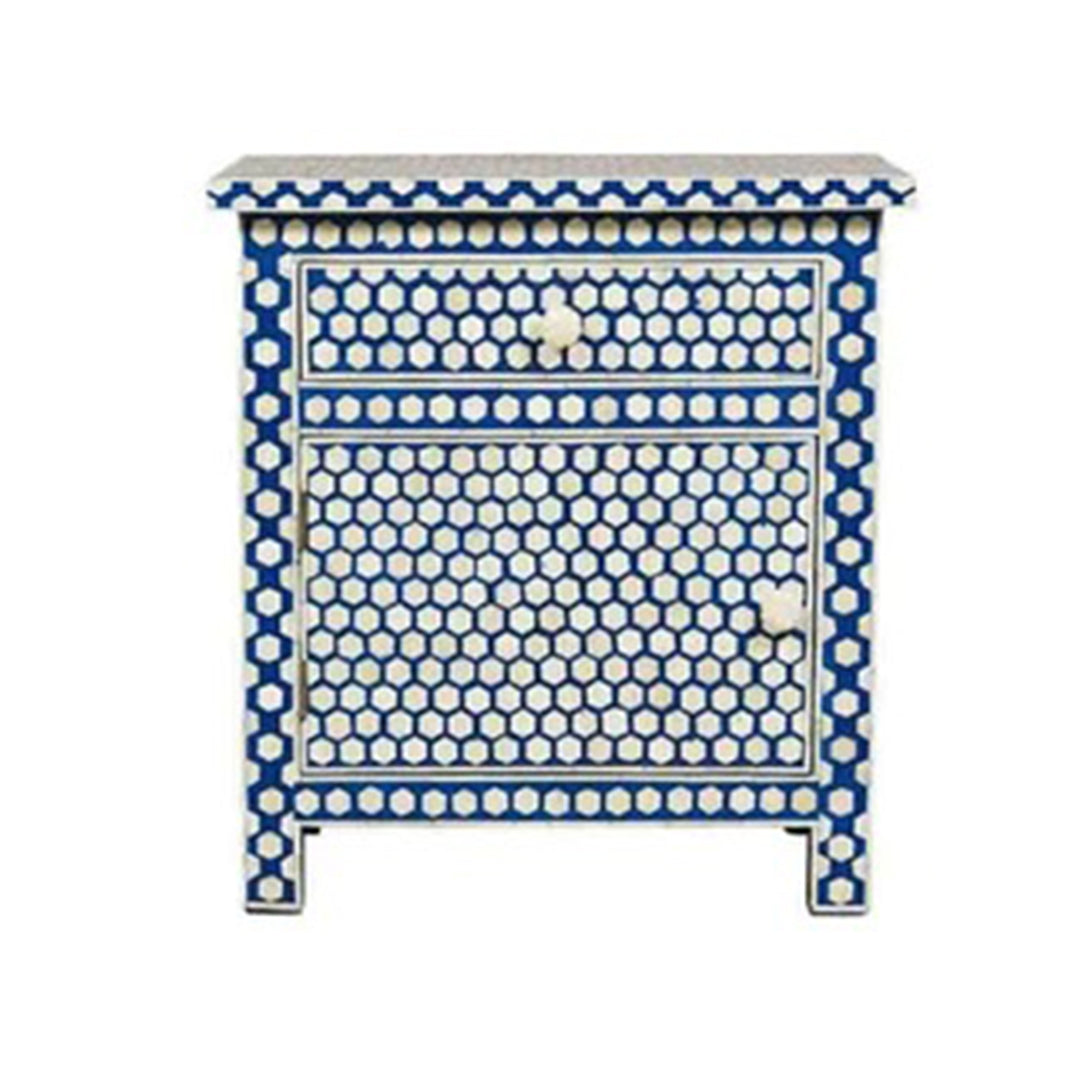 Personalized Handmade Bone Inlay Honeycomb Bedside Table with One Drawer and One Door