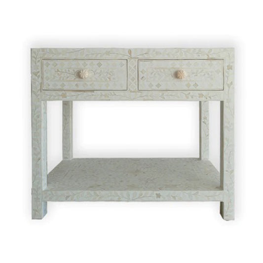 Personalized Bone Inlay Beautiful Bedside Table 2 Drawer Shelf Beautifully Crafted White Floral Design