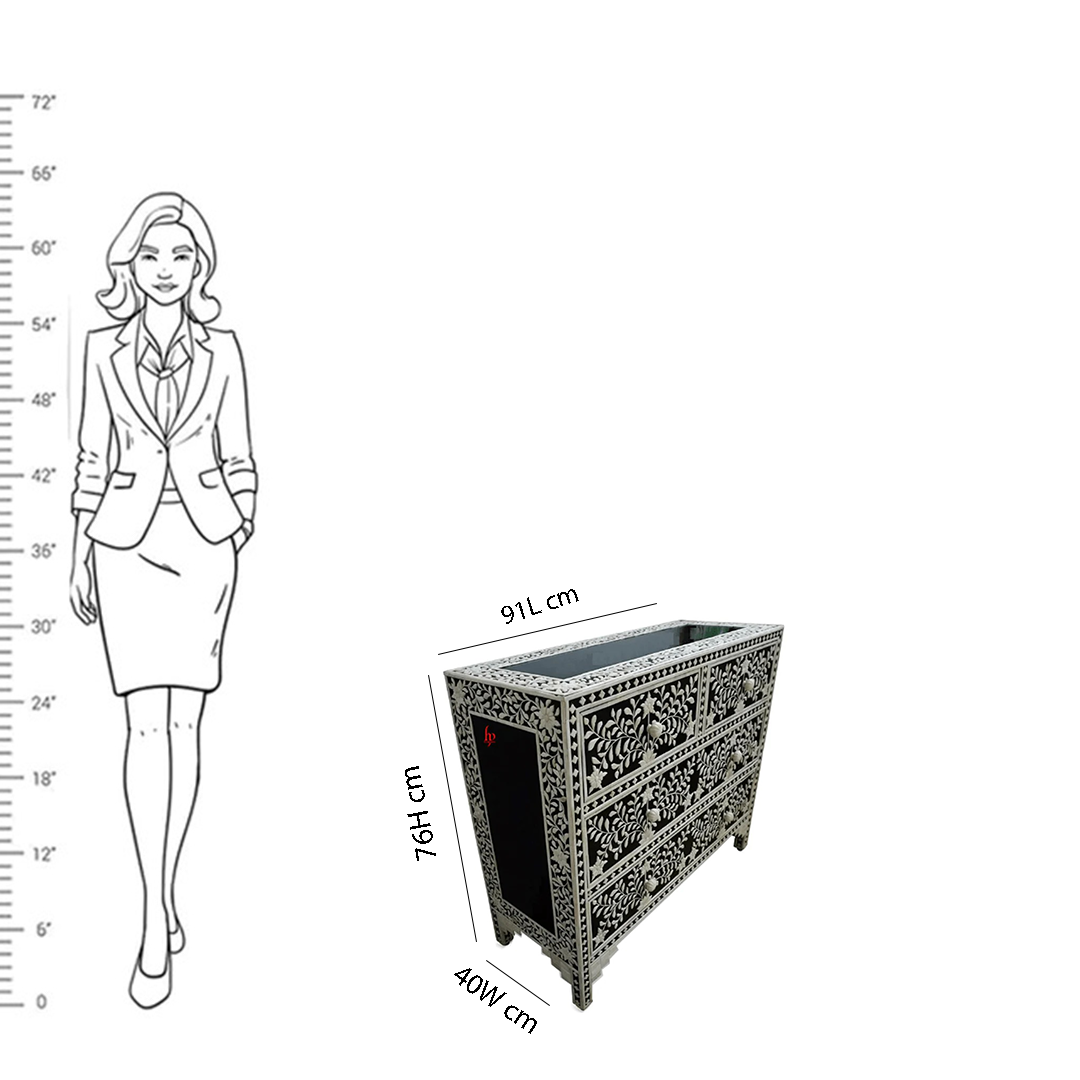 Hand-applied Black Floral Embossed Bone Inlay Chest Of 4 Drawers