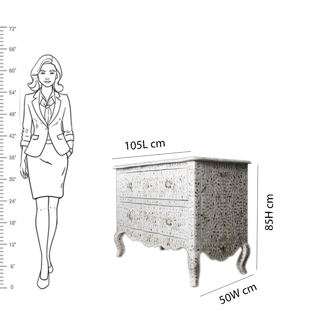Mother of Pearl Chest of 3 Drawer in floral pattern white color