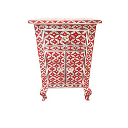 Personalized Handmade Bone Inlay Long Bedside with One Drawer and Two Door