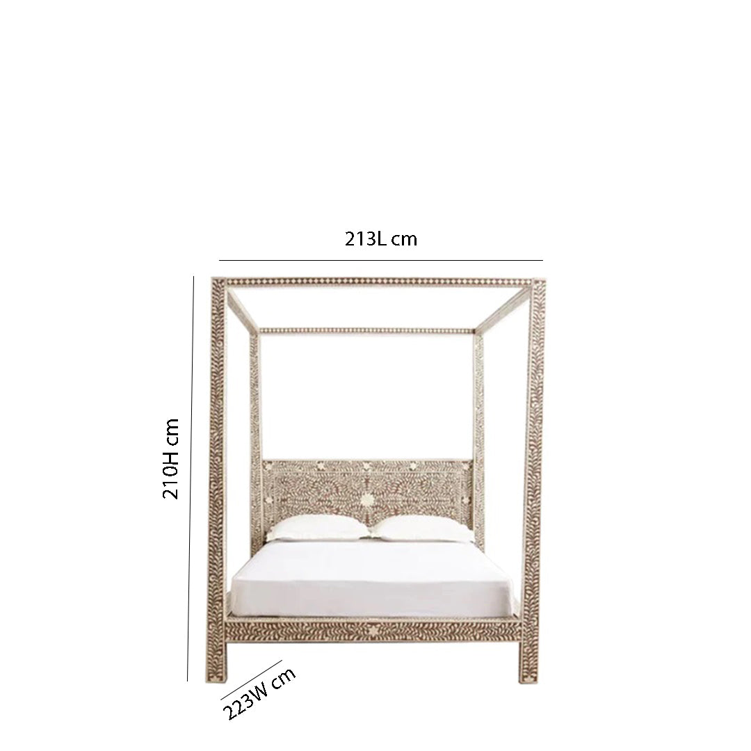 Handmade Bone Inlay King Size  Bed Frame with Headboard and pillars for Bedroom Decor