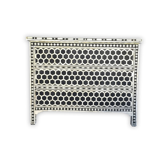 Personalized Handmade Bone Inlay Black Chest of 3 Drawer/ Honeycomb Pattern