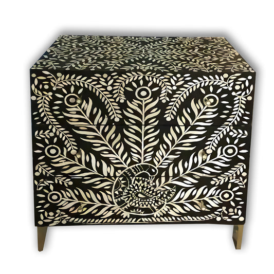 Handmade Bone Inlay Peacock Design Chest of 3 Drawers, Antique Bedroom/Living Room Storage Table