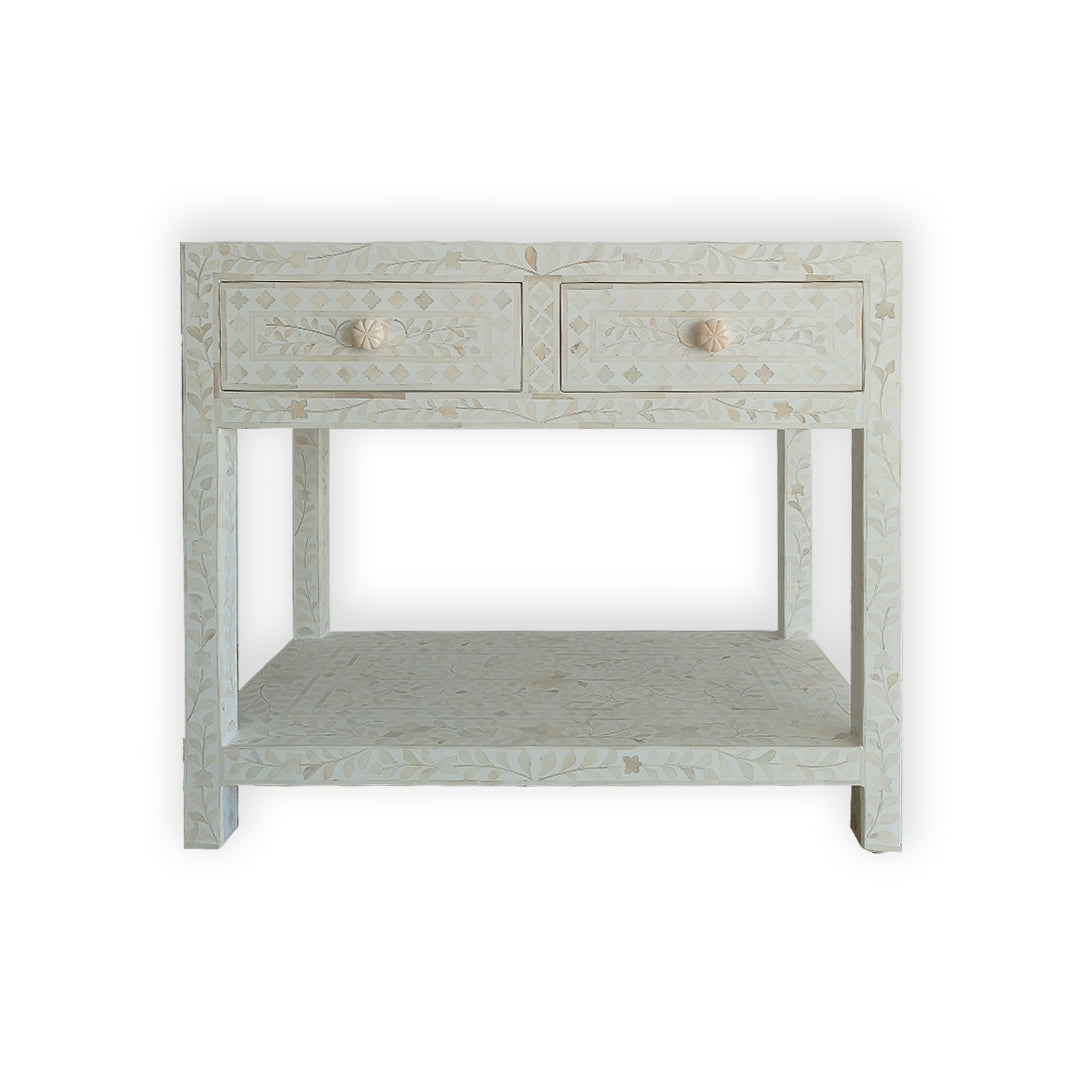 Personalized Bone Inlay Beautiful Bedside Table 2 Drawer Shelf Beautifully Crafted White Floral Design