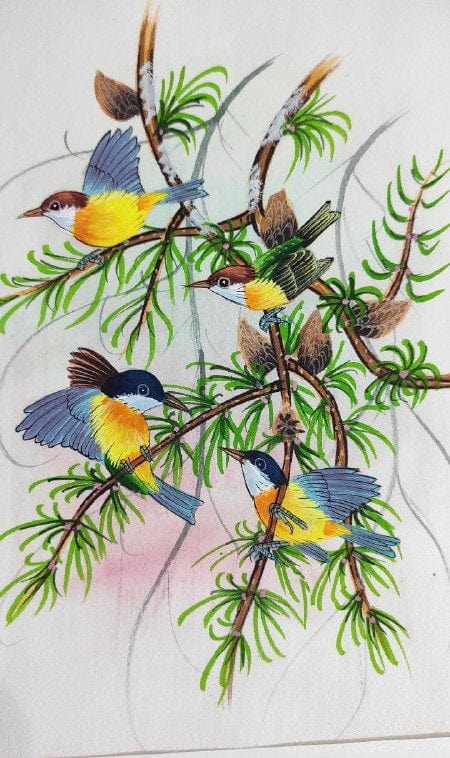 Handmade Birds Painting on Silk Fabric for Home and Office Decor