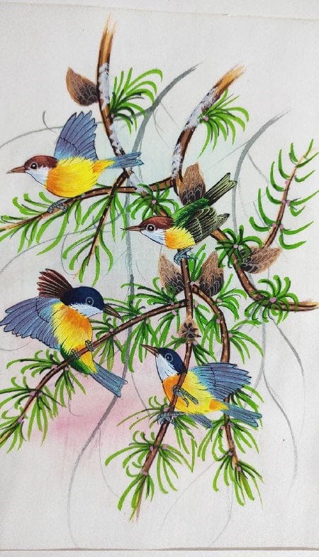Handmade Birds Painting on Silk Fabric for Home and Office Decor
