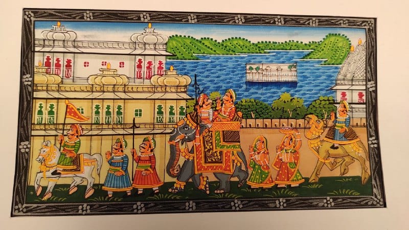 Handmade Matte Synthetic Palace View Silk Fabric Painting for Home Decor