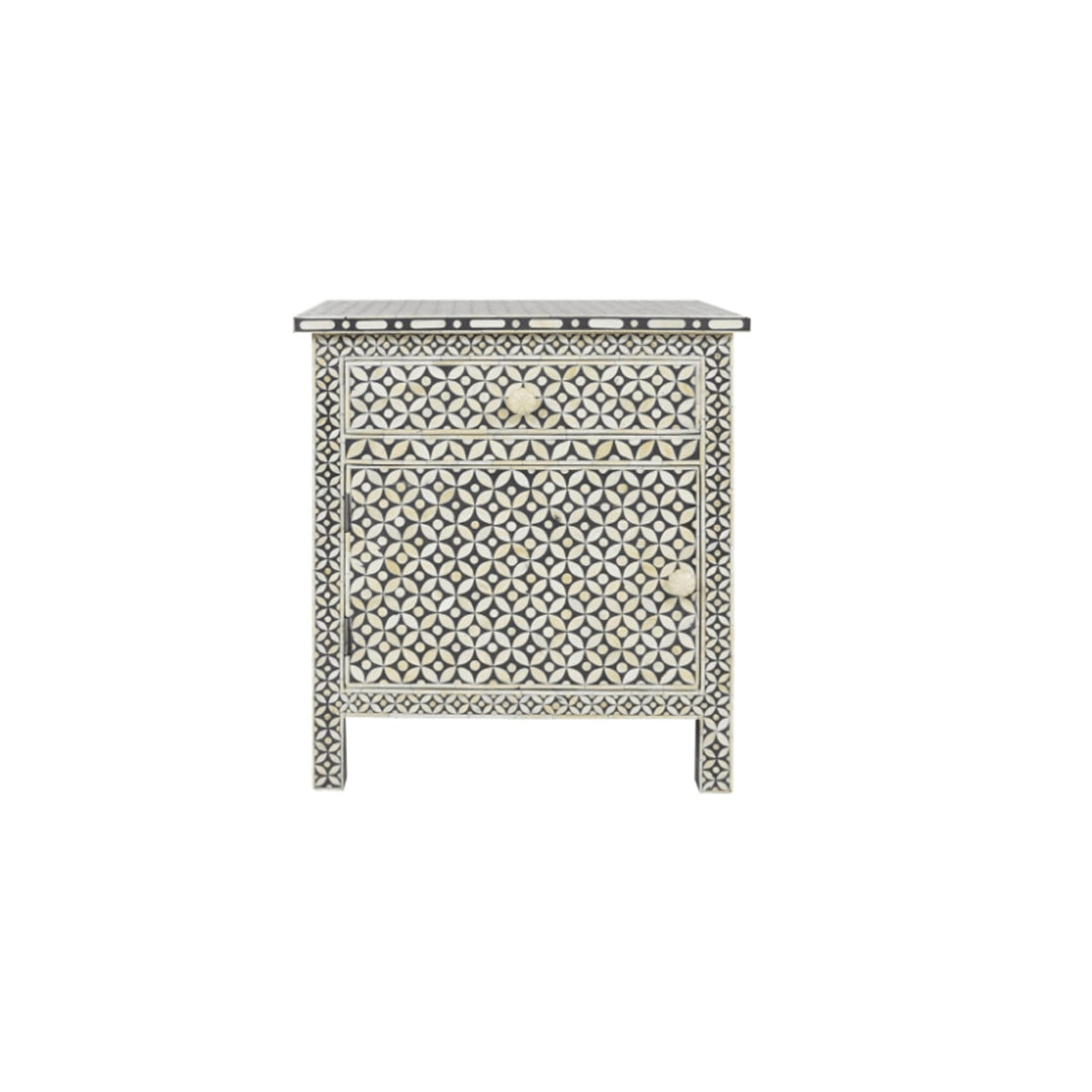 Handmade Bone Inlay Geometric Bedside Table with One Drawer and One Door.