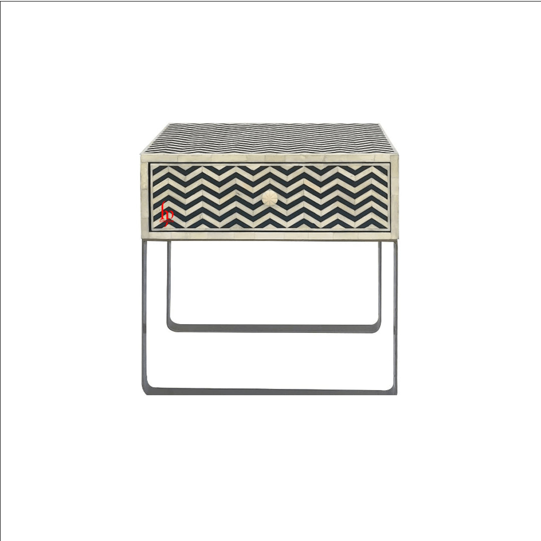 Handmade Bone Inlay Attractive Design Geometric Chevron Bedside Table Chevron with Iron Base