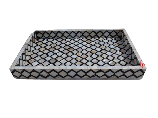 Handmade Mother of Pearl Inlay Reactangle Tray Geometric Design Serving Tray