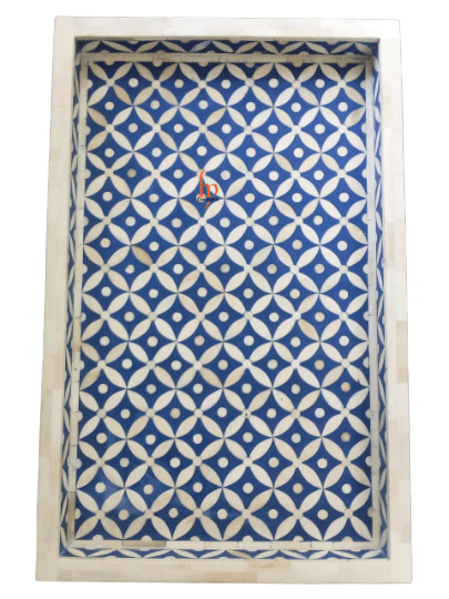Handmade Bone Inlay Blue Tray Set of 2 Pieces Bone Inlay Rectangular Floral Tray Best Gift For Any Occasion