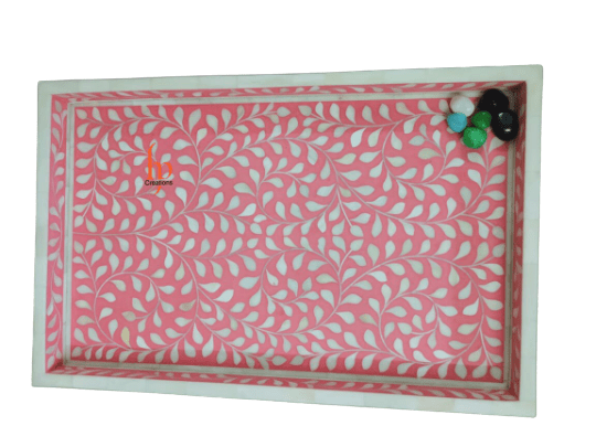 Handmade Bone Inlay PinkTray Set of 2 Pieces Bone Inlay Rectangular Floral Tray Best Gift For Any Occasion
