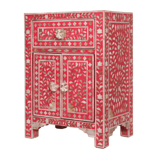 Personalized Handmade Mother Of Pearl Floral  Bedside Table with One Drawer