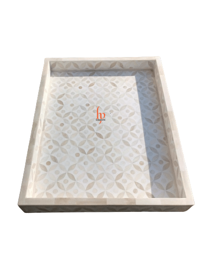 Handmade Bone Inlay White Tray Set of 2 Pieces Bone Inlay Rectangular Floral Tray Best Gift For Any Occasion