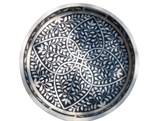 Handmade Bone Inlay Floral Black Tray Set of 2 Pieces Round Floral Tray Best Gift For Your Loved Once